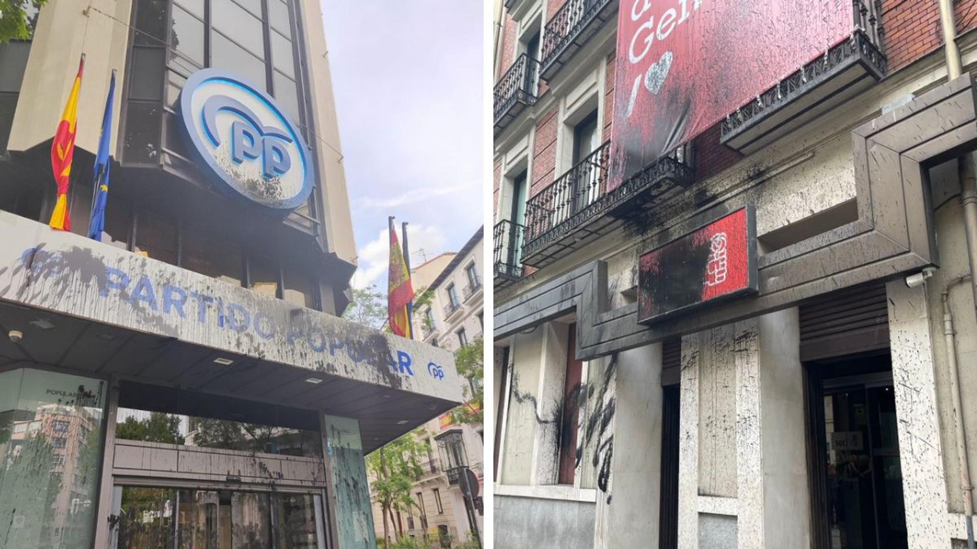 Activistas medioambientales atacan con pintura las sedes nacionales de PSOE y PP