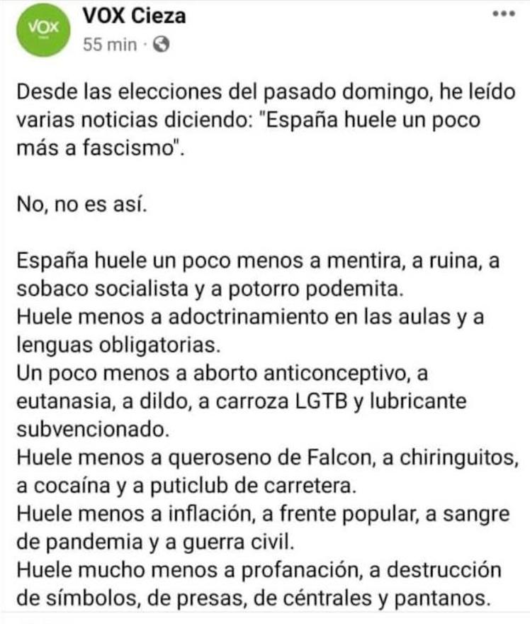 Polémico mensaje de Vox Cieza en redes tras el 28-M: «España huele menos a mentira, a sobaco socialista y a potorro podemita»