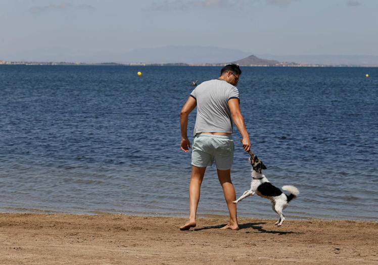 Un hombre juega con su perro en la playa de Los Alemanes, en una imagen de archivo.