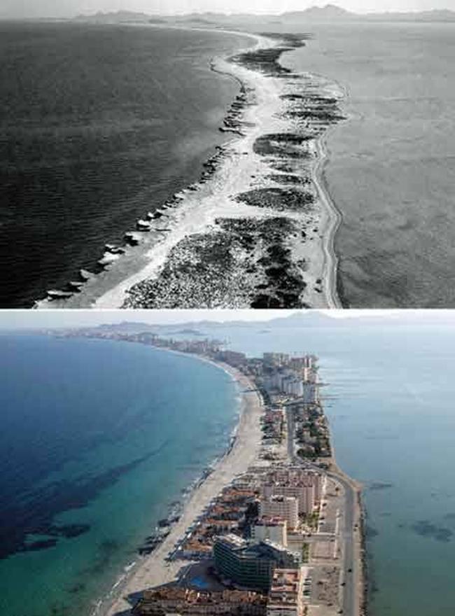 La Manga del Mar Menor de principios de 1960 frente a La Manga de 2007.