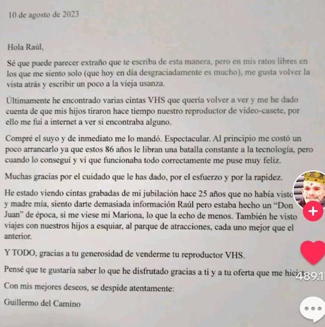 Captura de la carta de Guillermo a la persona que le vendió el reproductor de vídeo.