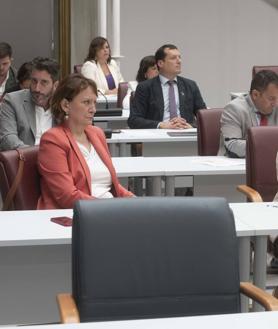 Imagen secundaria 2 - Los diputados charlan entre ellos antes del inicio de la sesión; invitados en la sala habilitada para presenciar el debate de investidura y parlamentarios prestan atención a la intervención de López Miras. 