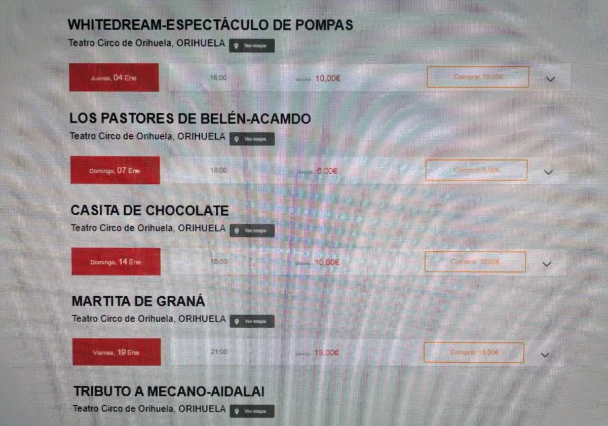 Imagen principal - Imágenes de las webs en las que figuran a la venta entradas a espectáculos del Teatro Circo y butacas ya vendidas para ver Los Pastores de Belén de Acamdo.