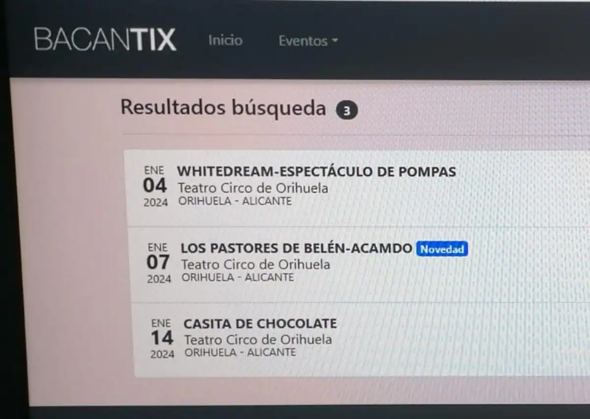 Imagen secundaria 1 - Imágenes de las webs en las que figuran a la venta entradas a espectáculos del Teatro Circo y butacas ya vendidas para ver Los Pastores de Belén de Acamdo.