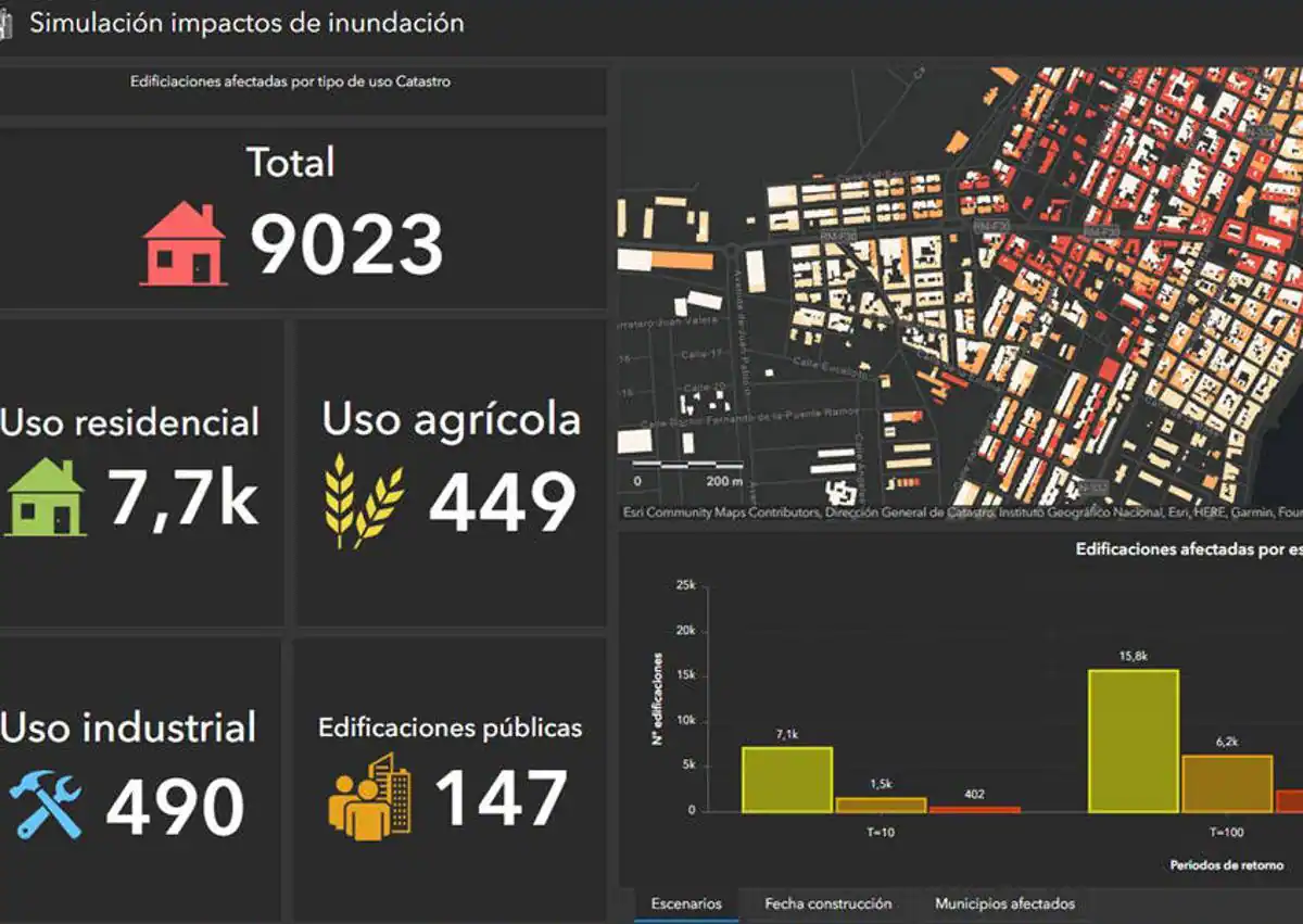 Imagen secundaria 1 - Cuadro de mandos de edificacione afectadas ante diferentes escenarios de inundación y seguimientos con imágenes vía satélite.