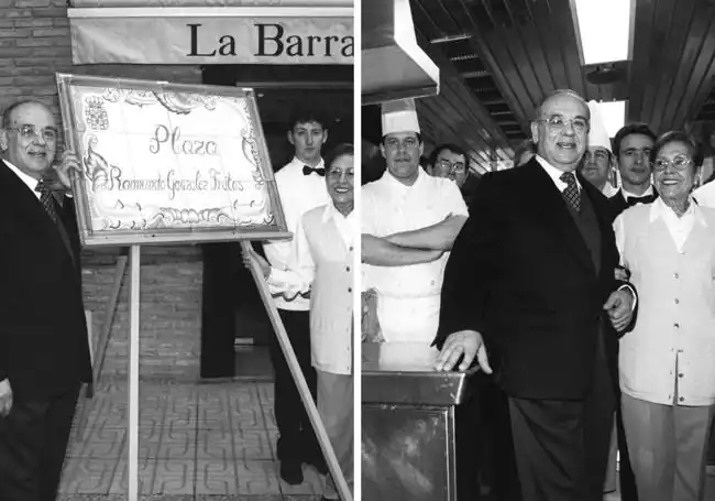 En la inauguración de la plaza Raimundo González Frutos. Raimundo y su mujer Encarna, con el equipo del restaurante.