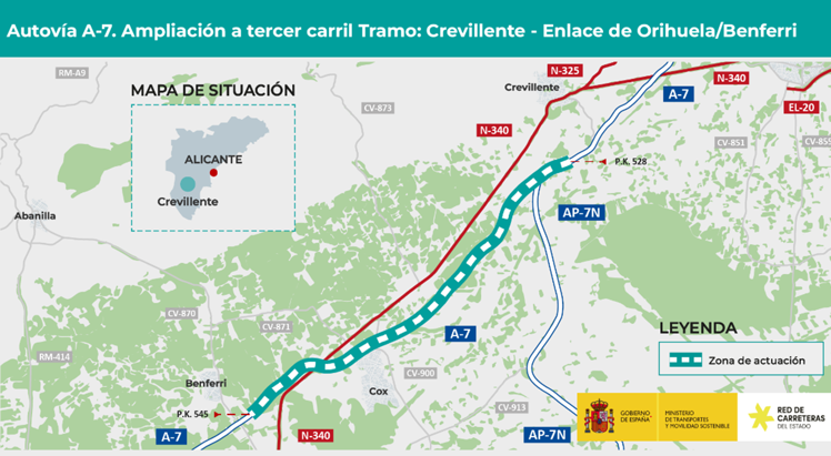 El tramo a ampliar de la A-7 abarca 17 kilómetros entre Crevillente y Orihuela.