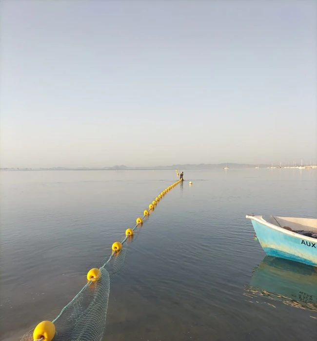 Redes antimedusas instaladas en la playa de La Mota, en San Pedro.
