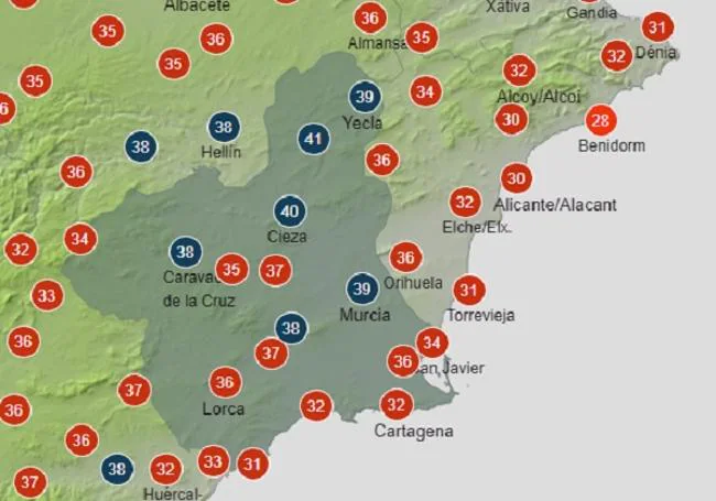 Temperaturas previstas para este domingo a las 16 horas.