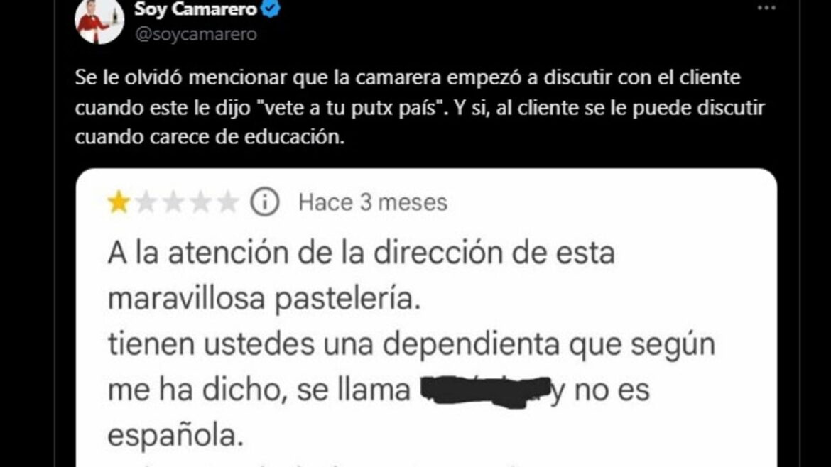 La respuesta racista de un cliente a una camarera tras llamarle ‘cariño’: «Vete a tu puto país»