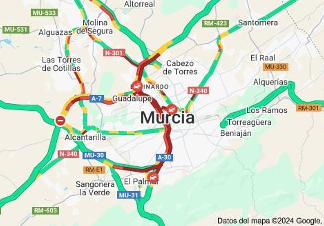 El estado del tráfico este miércoles en Murcia.