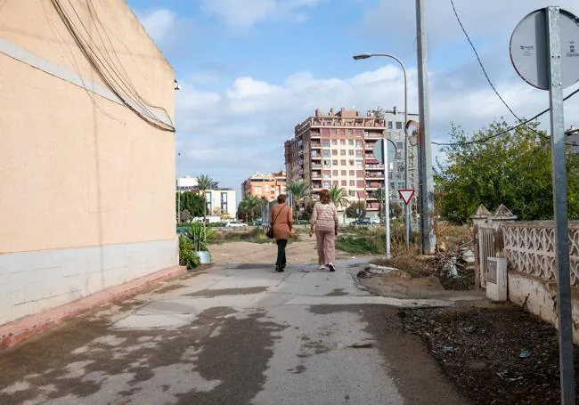 Imagen del carril Félix, sin aceras, por el que se accede al carril Leales