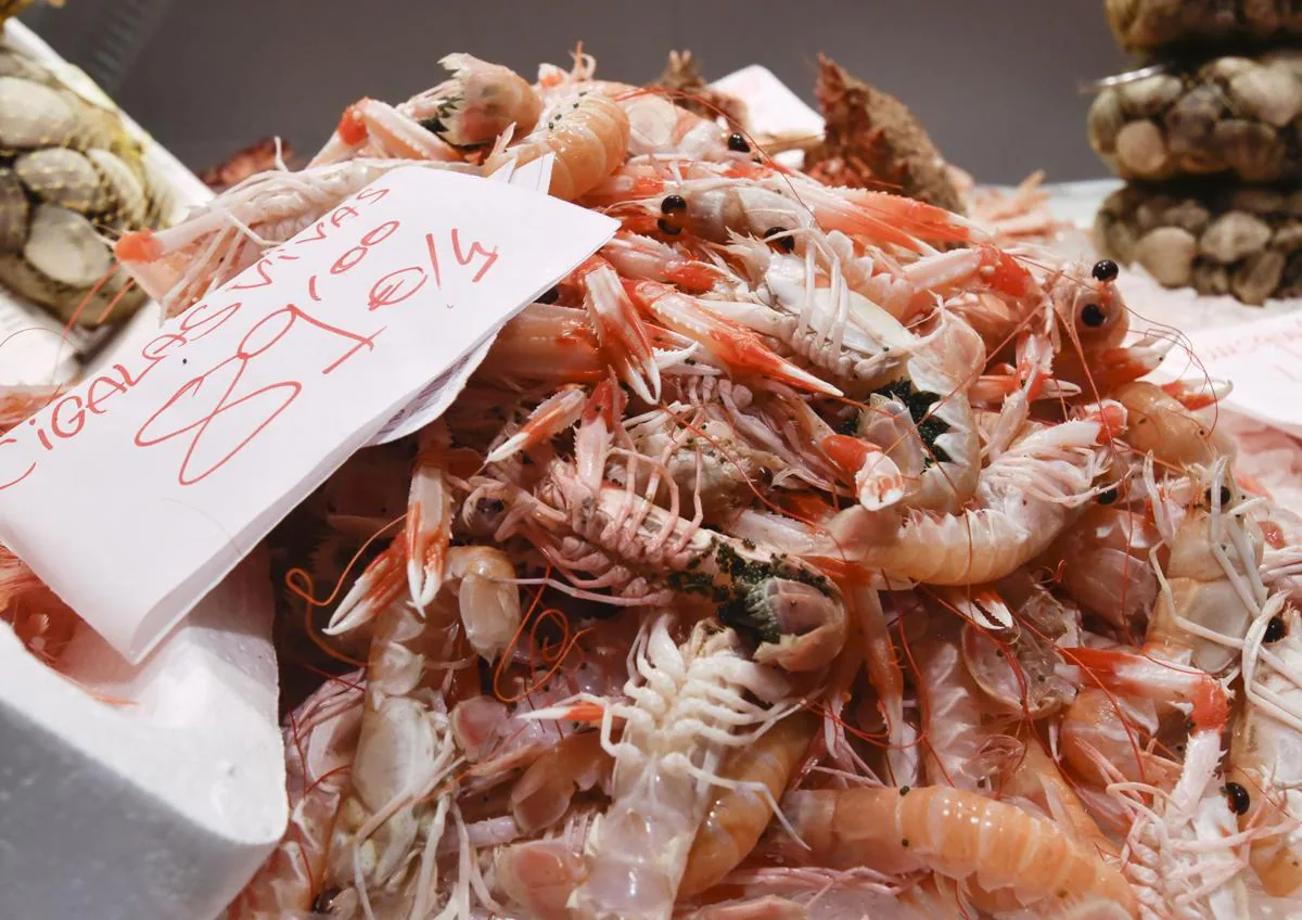 Imagen secundaria 1 - Mostrador de pescados y mariscos en Verónicas, cigalas ofertadas en el puesto Pescados y Mariscos Cristóbal y tomates raf a la venta en la Frutería Pedro Ortín,