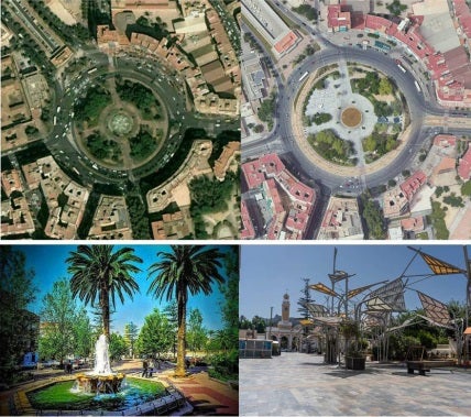 En la parte superior, plaza Circular de Murcia en 2004 y 2022. En la parte inferior plaza del Rey de Cartagena en los años 80 y en 2020.