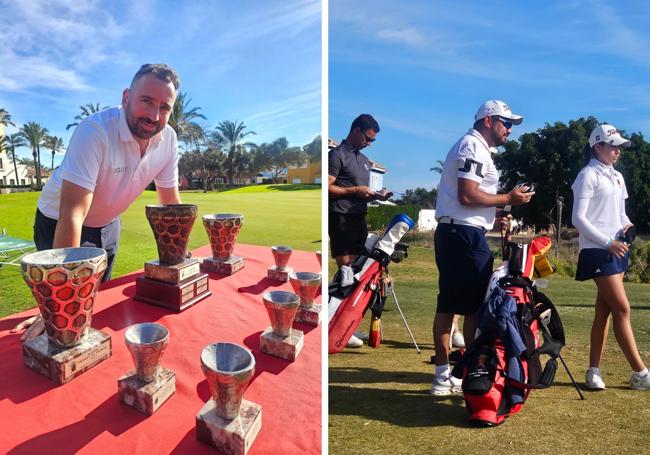 Mar Menor Golf. Dani Catarineu, el director de Operaciones de Ugolf Murcia custodiando los trofeos. Padre 'caddie'. La campeona murciana contó con su padre en funciones de 'caddie'. l tándem funcionó.