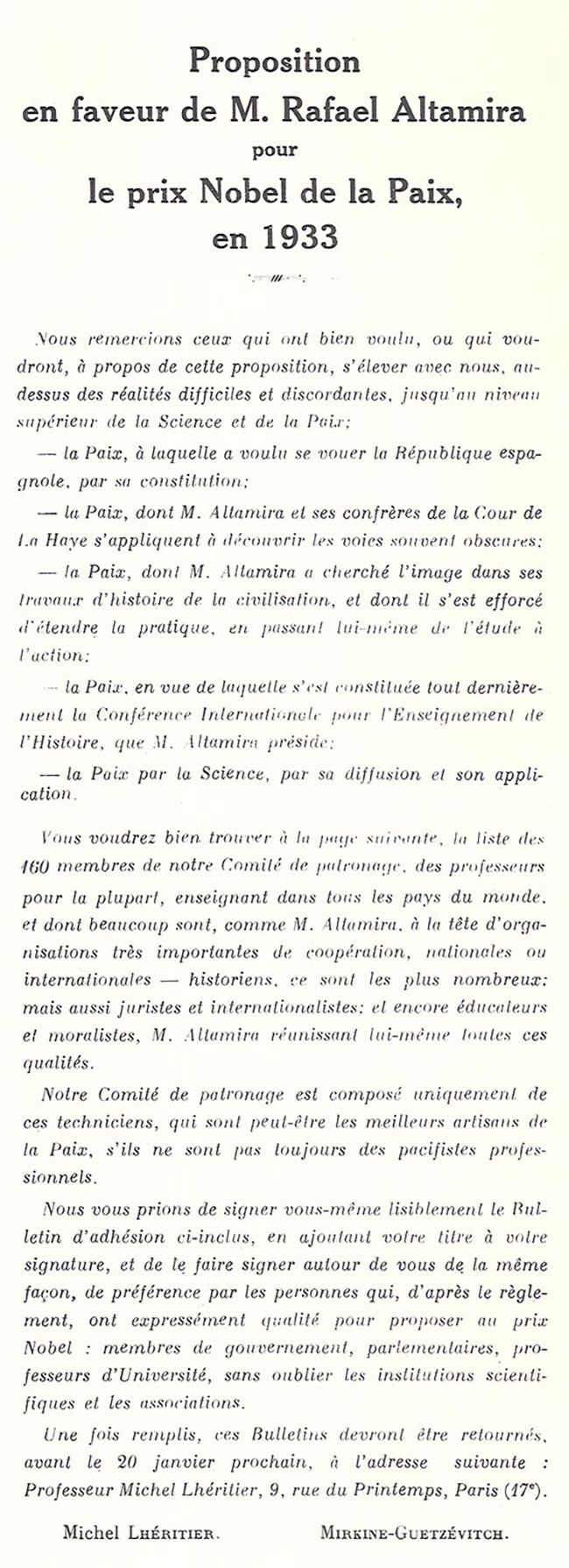 Imagen - Propuesto al Nobel. Proposición en favor de Rafael Altamira para ser merecedor del Nobel de la Paz en 1933. Los proponentes eran Michel Lhéritier y Mirkine-Guetzévitch.