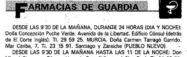 El diario LA VERDAD publicaba en 1988 las farmacias de guardia, entre ellas la regentada por Carmen Tarragó.