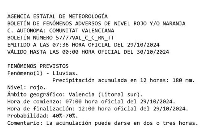 Aemet comunicó a la Generalitat valenciana que las lluvias serían catastróficas 12 horas antes de su aviso
