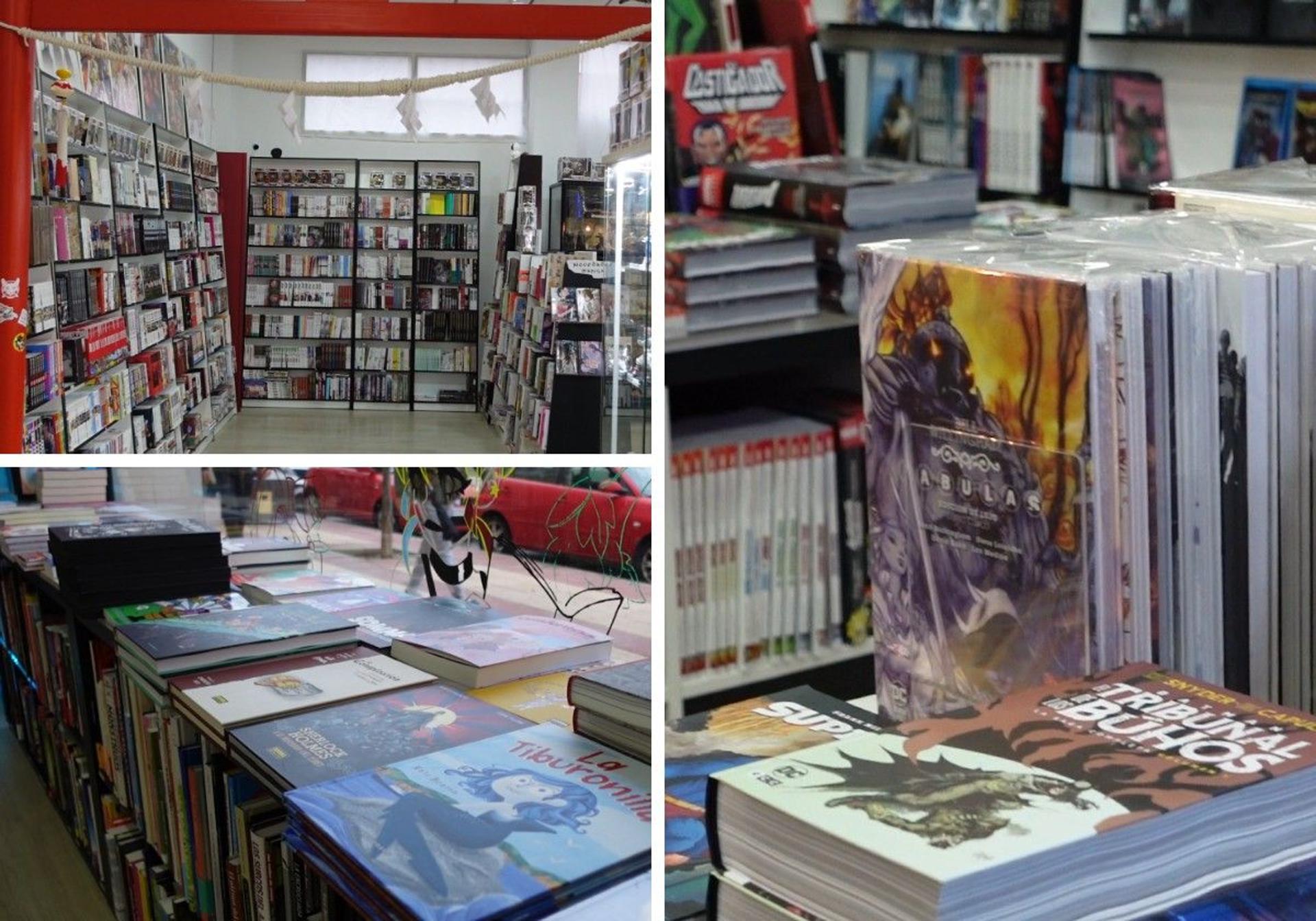 Diferentes secciones de cómic en el interior de la librería 7 Héroes.