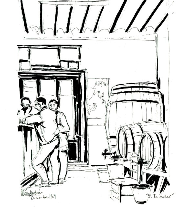 Imagen secundaria 2 - Izquierda: El Tío Senato, a la derecha, chatenado con un cliente. Derecha: Dibujo del interior de la tasca.