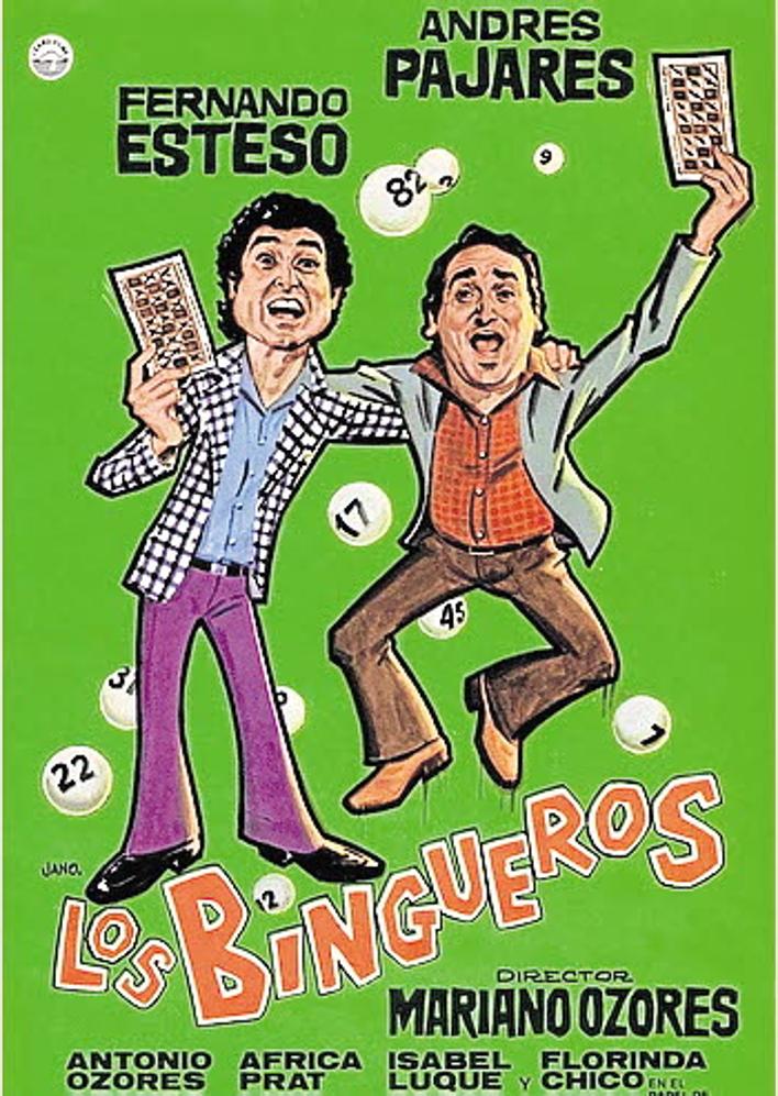 Imagen secundaria 2 - Alfredo Landa y Haydée Balza en 'Fin de semana al desnudo' (1974), Andrés Pajares en 'Cristóbal Colón, de oficio... descubridor' (1982) y cartel de 'Los bingueros' (1979).