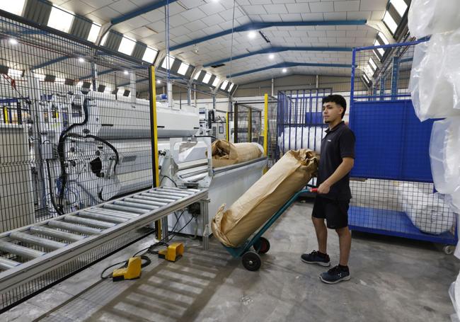 Un trabajador transporta un colchón empaquetado en papel.