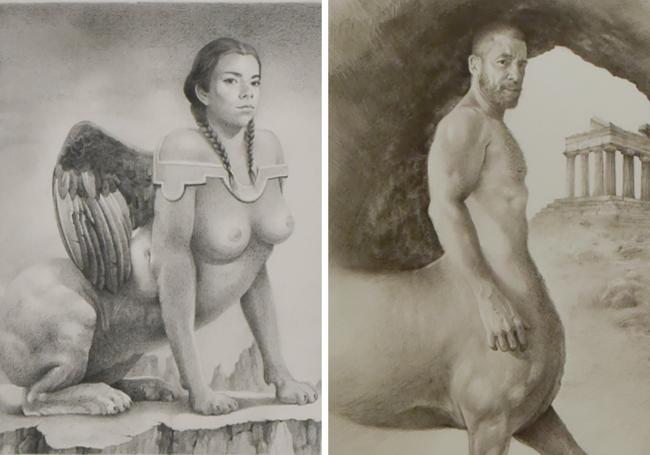 Dos obras entre la realidad, el mito y la ficción. A la izquierda, 'La esfinge'. A la derecha el actor Raúl Tejón en la pieza titulada 'Quirón en la cueva', grafito sobre papel.