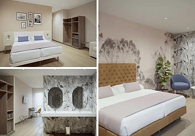 Dos habitaciones y uno de los baños que ofrece el hotel.