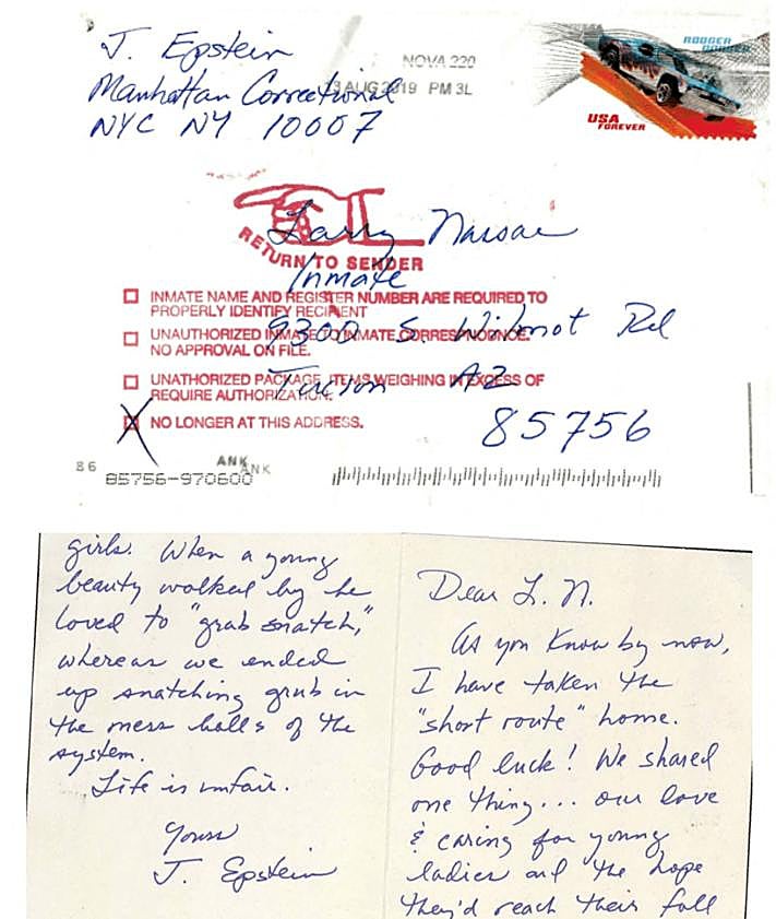 Imagen secundaria 2 - Escritorio de Epstein con múltiples fotos en las que aparece, entre otros, Trump; exterior de la mansión del pederasta en Islas Vírgenes; una carta del financiero dirigida a Larry Nassar donde cita al presidente.