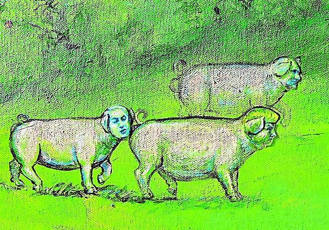 Trump, Putin y Netanyahu retratados como cerdos por Yagües.