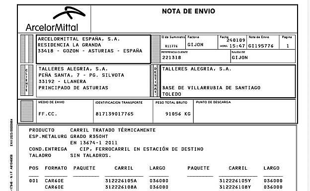 Factura de ArcelorMittal hecha pública por Puente.