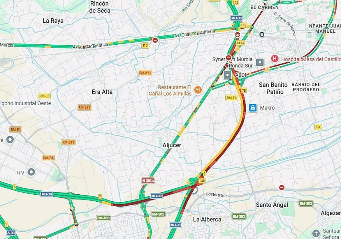 Un accidente en la A-30 deja más de 4 kilómetros de retención en la autovía A-30 a la altura de Murcia
