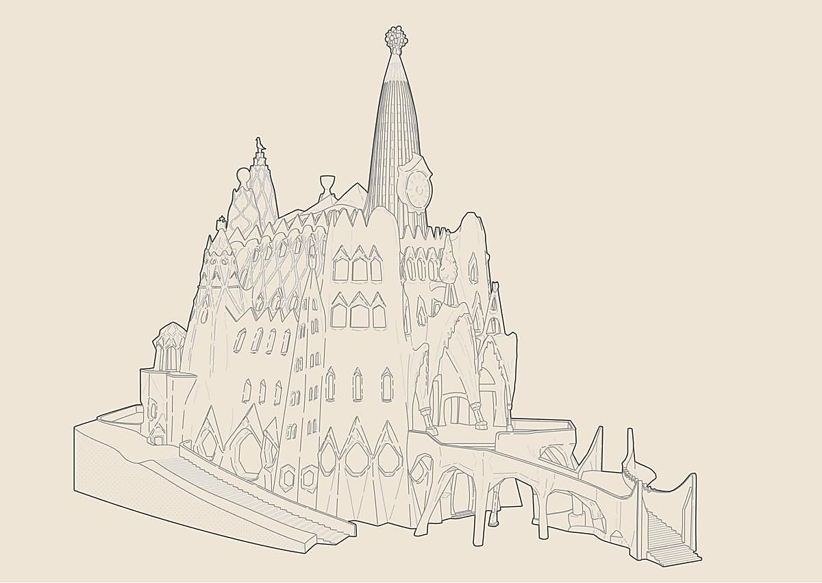 Imagen secundaria 1 - Aspecto que hubiera tenido la iglesia de la Colonia Güell si se hubiera finalizado. | Quiosco para la visita real a Comillas en 1881.