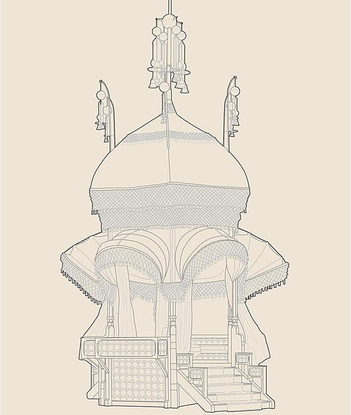 Imagen secundaria 2 - Aspecto que hubiera tenido la iglesia de la Colonia Güell si se hubiera finalizado. | Quiosco para la visita real a Comillas en 1881.