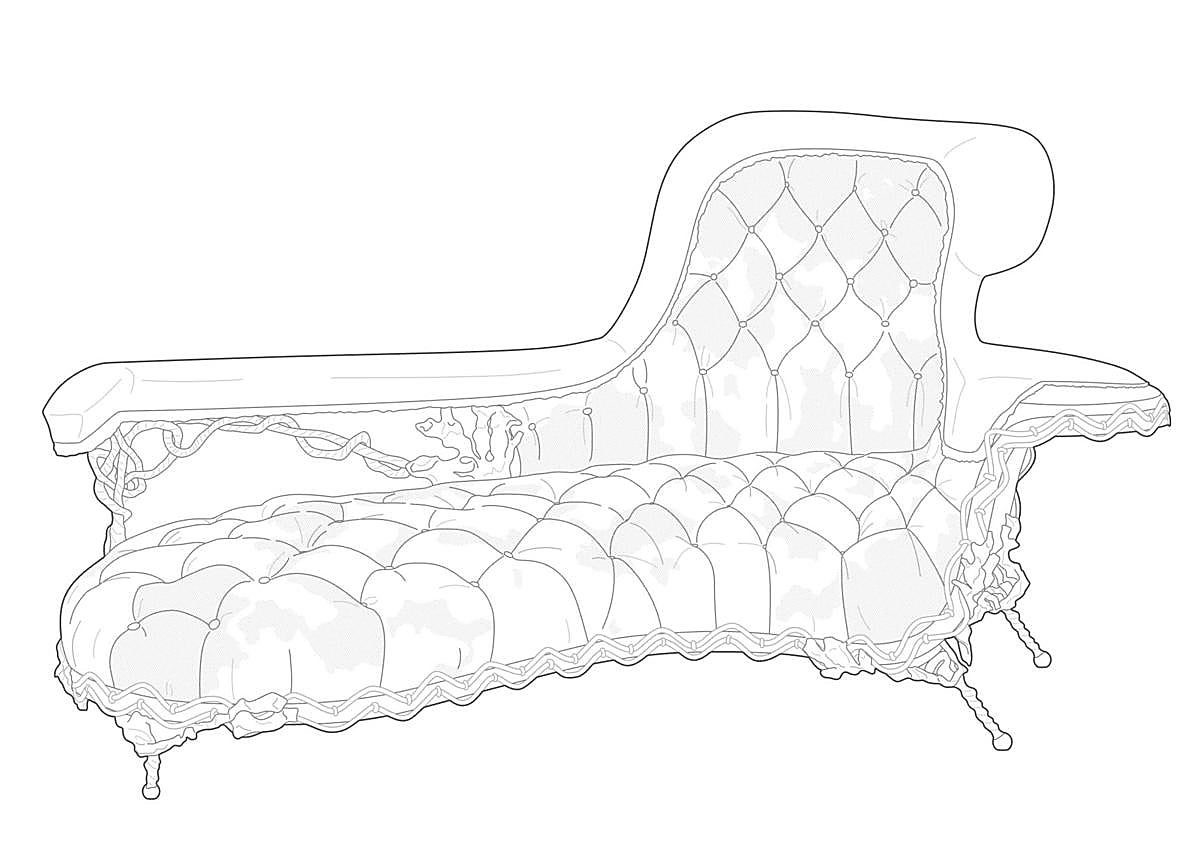 Imagen principal - Chaise longue de Gaudí para el Palacio Güell. | Dibujos de los sepulcros de Gaudí para la Capilla Real de los reyes de Mallorca en la Catedral de Palma. | Uno de los sitiales que diseñó para el primer marqués de Comillas