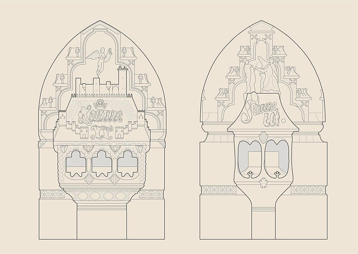 Imagen secundaria 1 - Chaise longue de Gaudí para el Palacio Güell. | Dibujos de los sepulcros de Gaudí para la Capilla Real de los reyes de Mallorca en la Catedral de Palma. | Uno de los sitiales que diseñó para el primer marqués de Comillas