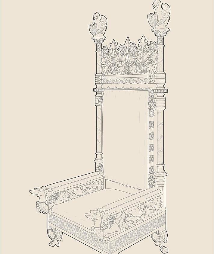 Imagen secundaria 2 - Chaise longue de Gaudí para el Palacio Güell. | Dibujos de los sepulcros de Gaudí para la Capilla Real de los reyes de Mallorca en la Catedral de Palma. | Uno de los sitiales que diseñó para el primer marqués de Comillas