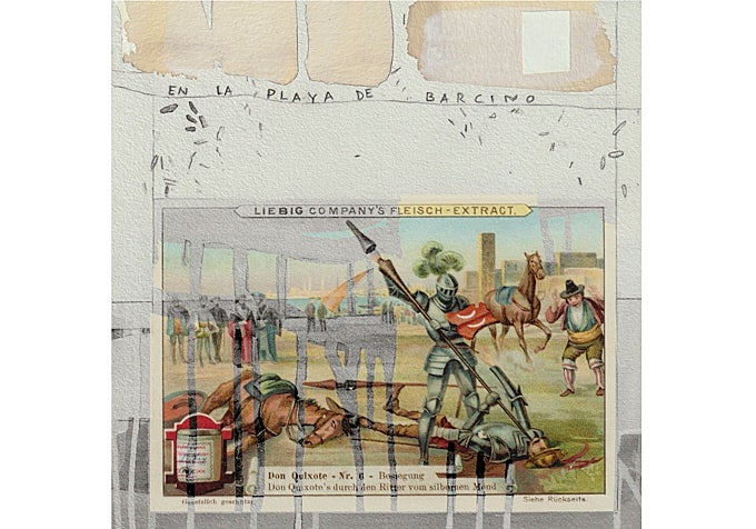 La batalla de Don Quijote con el Caballero de la media luna, «en la playa de Barcino, frente al mar», que cantaba Serrat. De nuevo el cromo entre su color y el blanco y negro, entre don Quijote y don Alonso, morir cuerdo y vivir loco.