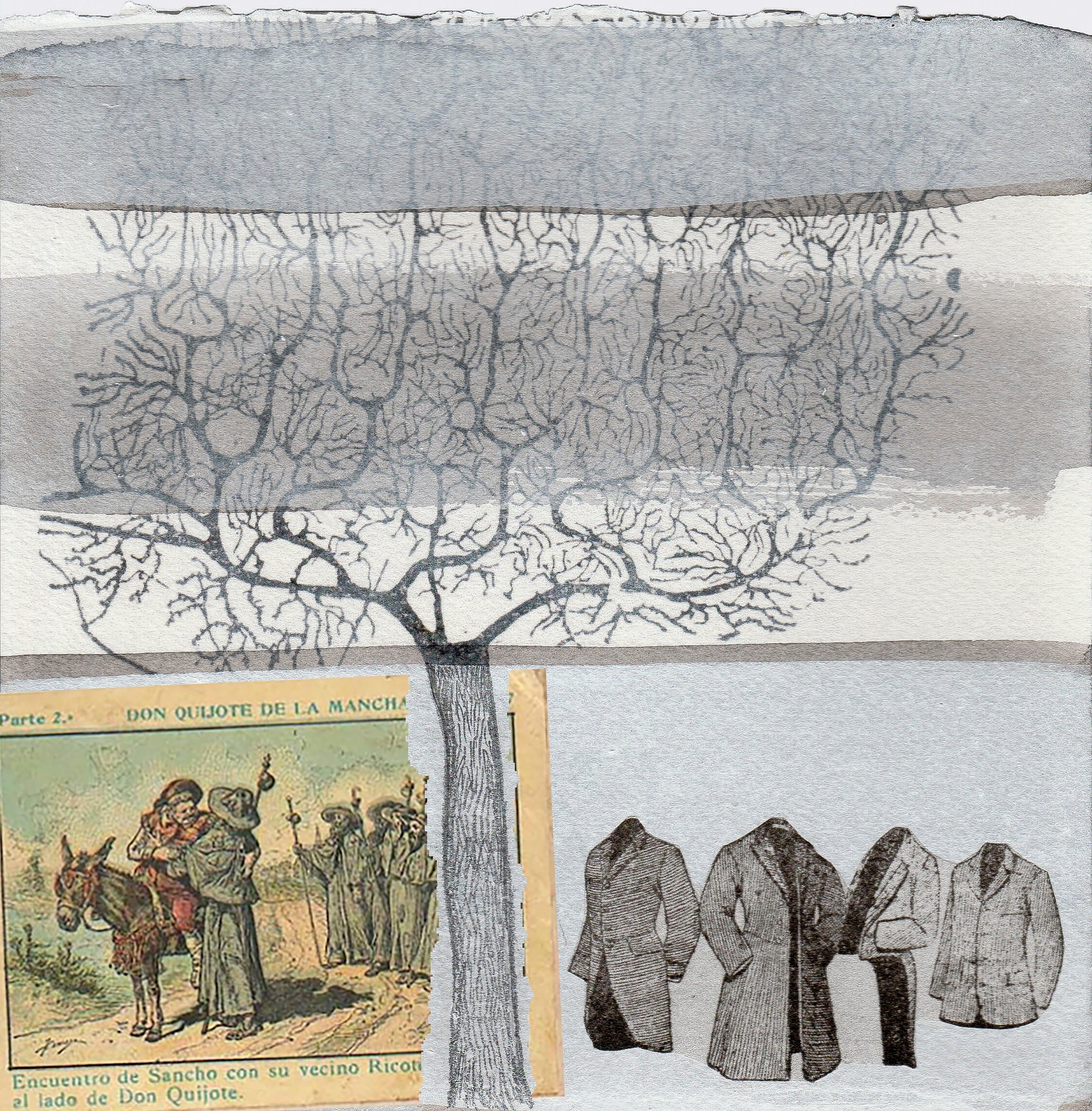 Sancho y Ricote se encuentran y hablarán bajo un árbol, mientras sus compañeros duermen la siesta. Ahí están las chaquetas que les representan, el árbol (en realidad neuronas, la locura de nuevo), y el cromo que presenta a los dos amigos.