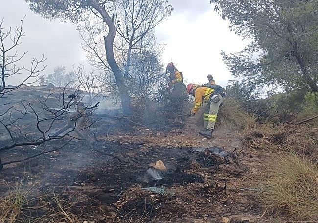 Dos helicópteros ayudan a sofocar un incendio forestal en la Sierra de Columbares en Murcia